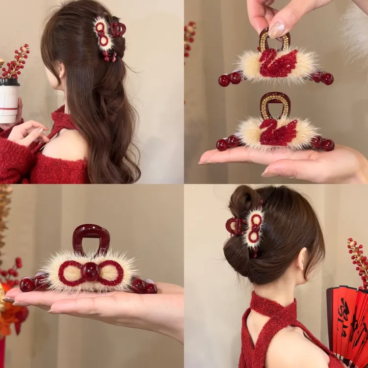 熹金新年红色毛绒抓夹女2024年新款发夹后脑勺盘发鲨鱼夹发卡发饰