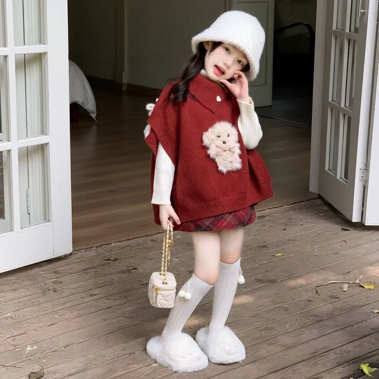 女童套装25秋冬款红色可爱小狗针织斗篷毛衣红格半身裙圣诞新年装