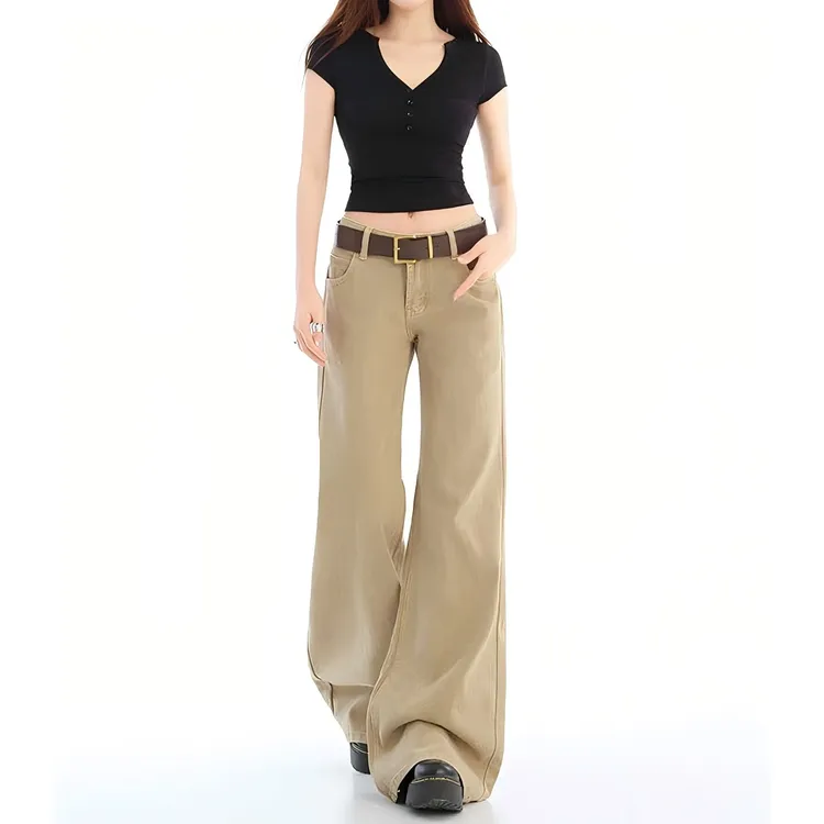 美式复古辣妹卡其色牛仔裤女2025夏季新款低腰拖地不贴腿微喇裤子