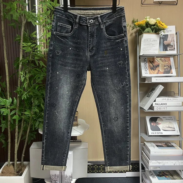 秋季高端欧货烫钻黑灰色牛仔裤男修身小脚显瘦弹力时尚休闲长裤子