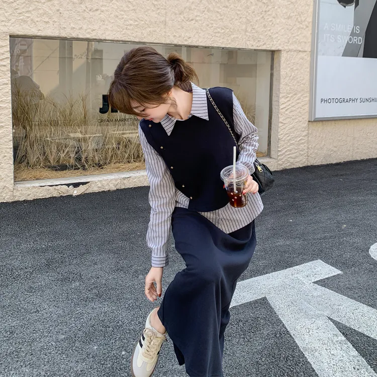 条纹拼接假两件卫衣半裙2025春秋新款小众韩系慵懒风时尚通勤套装