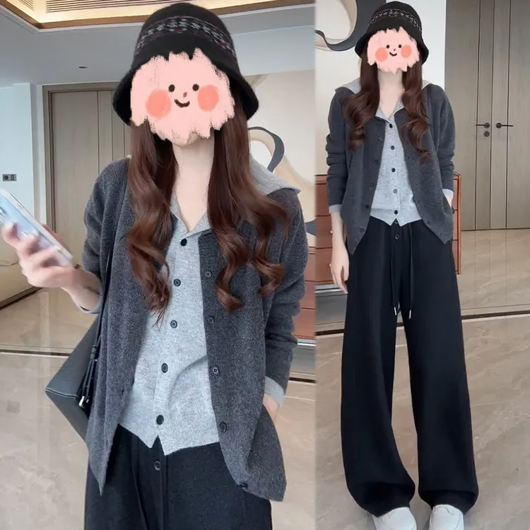 韩系宽松慵懒假两件连帽针织衫女高腰显瘦卫裤休闲裤两件套春秋装