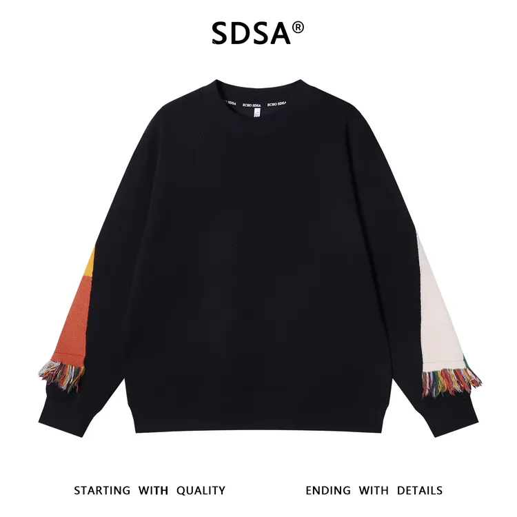 SDSA男士秋冬新款痞帅男装拼色流苏设计圆领卫衣百搭时尚套头上衣