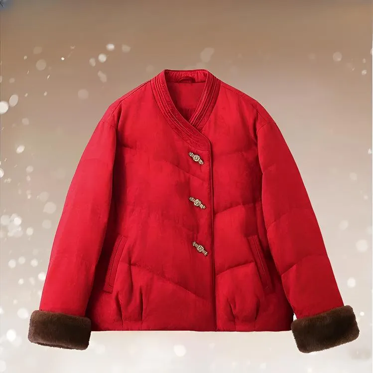 V领圣诞元旦盘扣女式钉珠盘扣白鹅绒服保暖韩版中式上衣国风55060