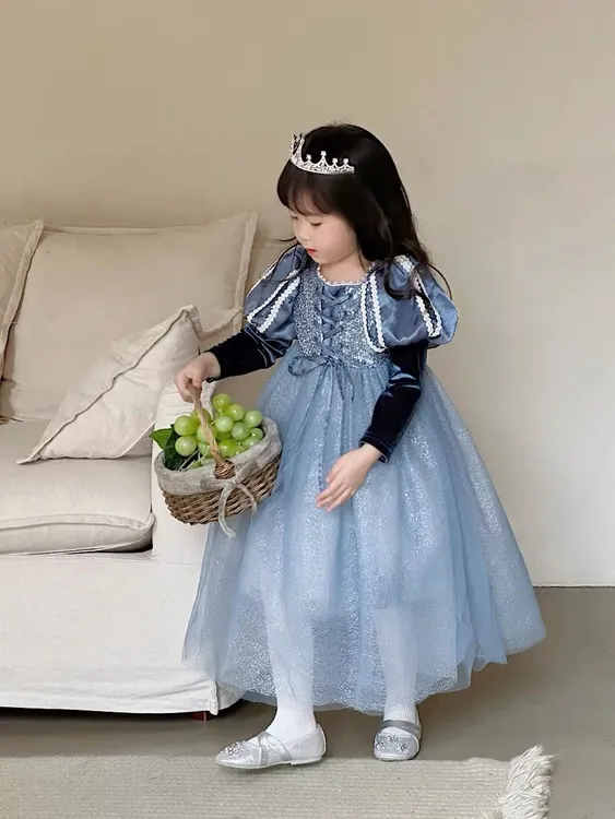 长袖女女童连衣裙春秋款童装蓝色冬季裙子童裙礼服爱莎公主连衣裙