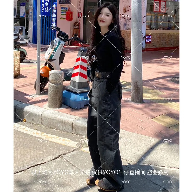 YOYO自制【立体口袋】秋款显瘦气质时尚设计感水洗牛仔阔腿拖地裤