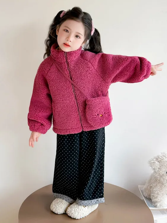 女童加绒毛毛衣外套洋气卡通儿童秋冬装新款女宝宝加厚保暖上衣潮