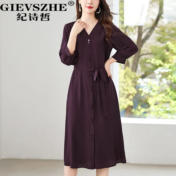 纪诗哲夏季时尚女装真丝修身连衣裙高腰100%桑蚕丝中长款裙子收腰