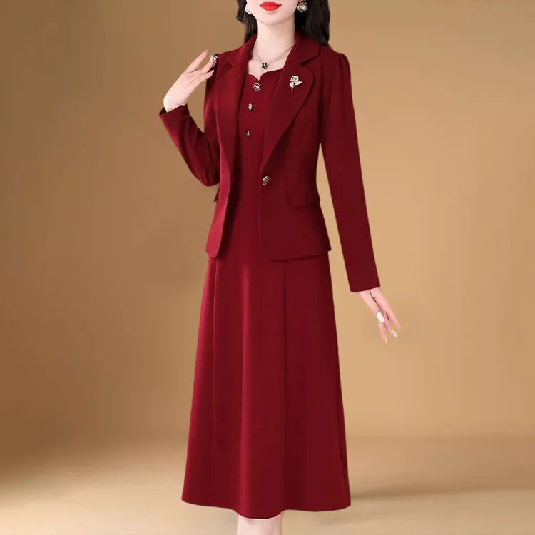 喜婆婆婚宴装2025新款女春秋季连衣裙长袖妈妈婚礼服十三行两件套