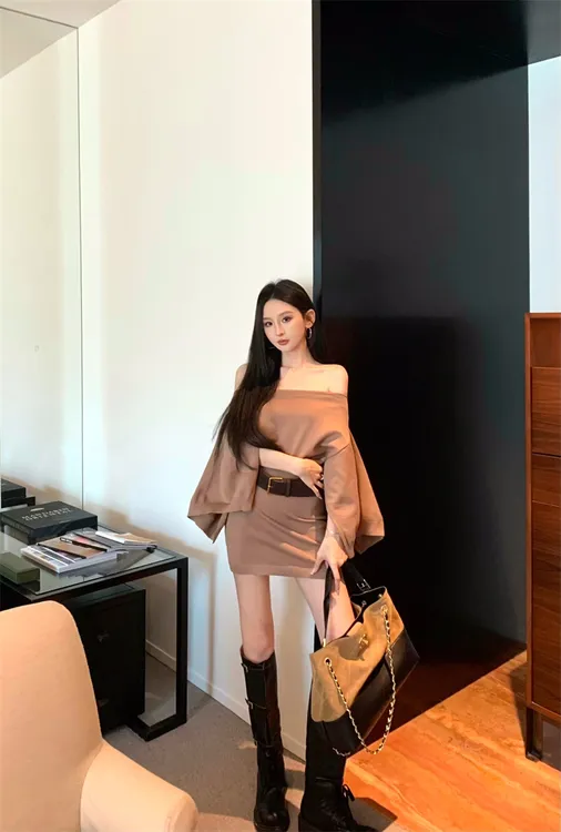 复古设计感气质辣妹显瘦针织连衣裙#22764