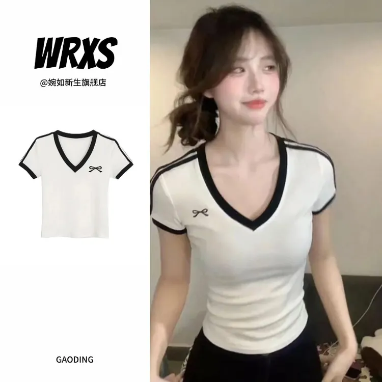 【婉如新生】夏季白色v领修身短袖t恤女小众独特别致辣妹上衣短款潮