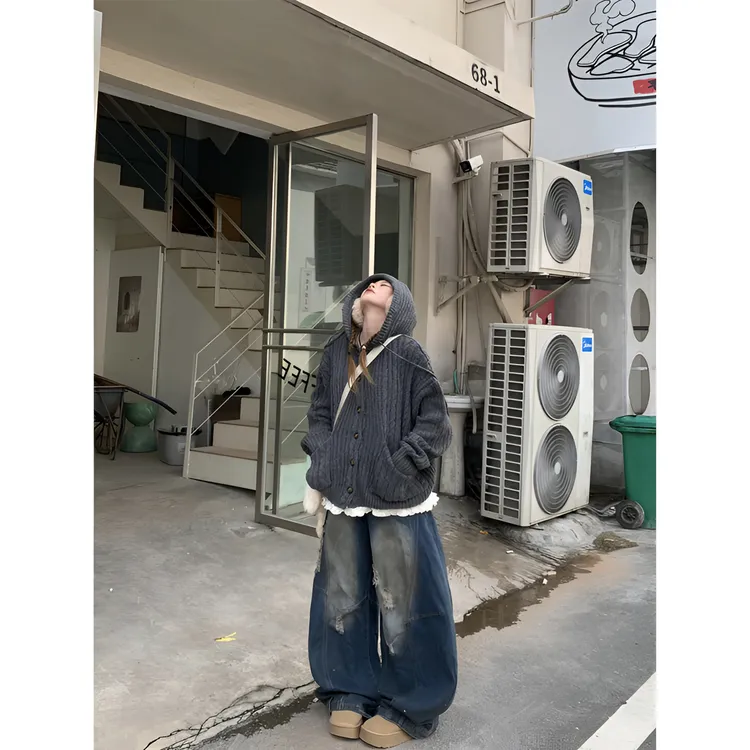 美式复古慵懒风秋冬季连帽开衫针织毛衣外套女设计感宽松针织上衣