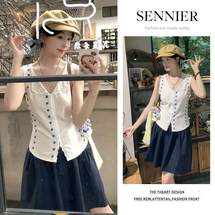 夏季穿搭女2025夏季新款设计感蕾丝花边无袖上衣百搭半身裙两件套