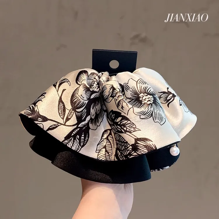 法式网红复古裙摆马尾抓夹轻奢气质印花盘发鲨鱼夹洋气后脑勺头饰