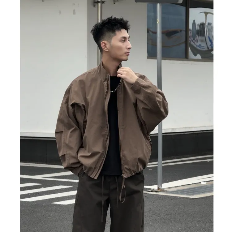 Aye秋季新款美式宽松廓形感短板显高剪裁纯色立领夹克蝙蝠袖外套