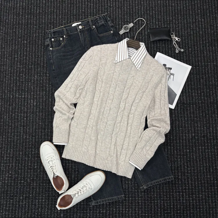 MIGSIMHE·秋冬保暖商务休闲绞花针织衫男士百搭圆领毛衣羊毛衫