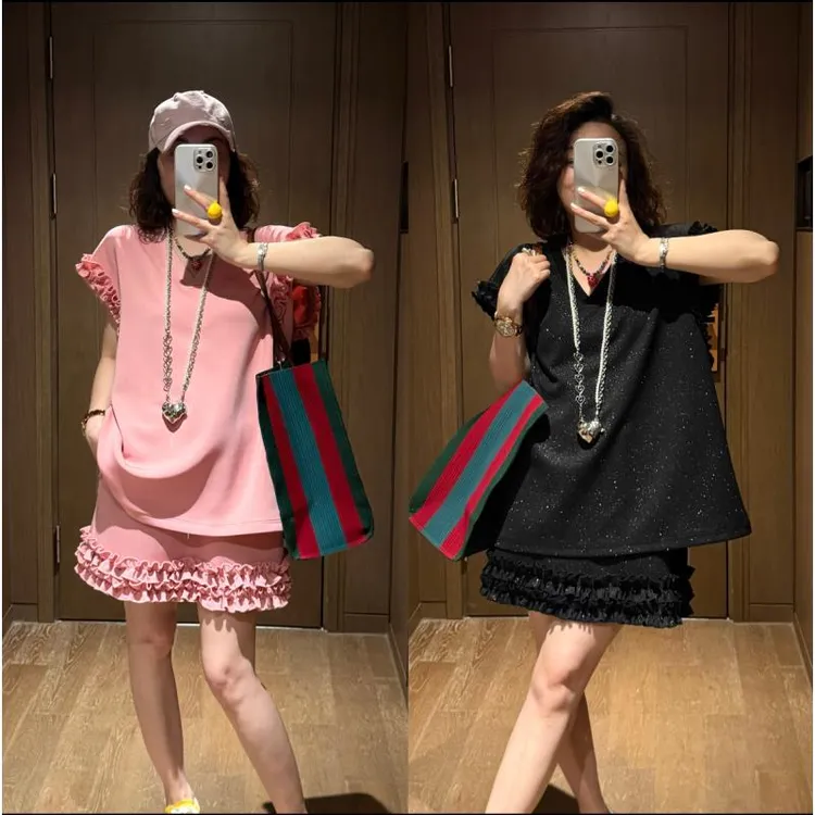 YDFSTUDIO小众【灿烂日光】高品重工木耳边拼接洒金上衣+半身裙套装