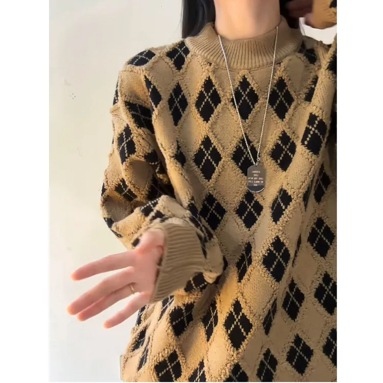 绿色菱形格子毛衣男冬季美式复古潮牌慵懒风高级感内搭打底针织衫