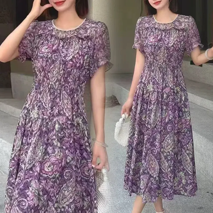 夏季碎花夏季桑蚕丝复古连衣裙女装中长款显瘦时尚气质洋气休闲