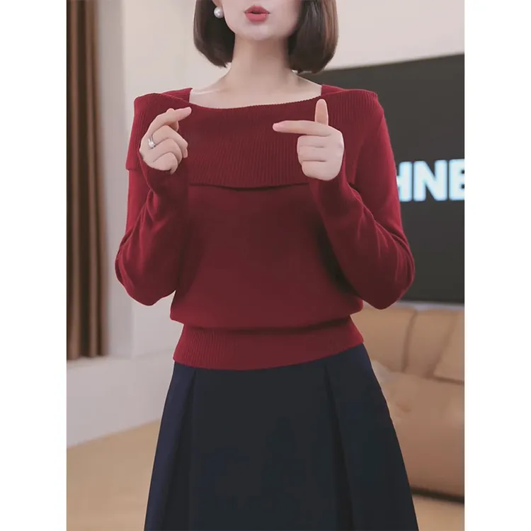 一字领长袖针织衫女2025秋季新款微胖mm遮肉显瘦气质软糯毛衣外穿