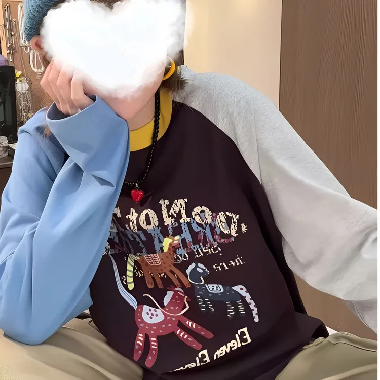 2025新款休闲风复古港风假两件秋冬休闲长袖插肩袖女T恤情侣6037