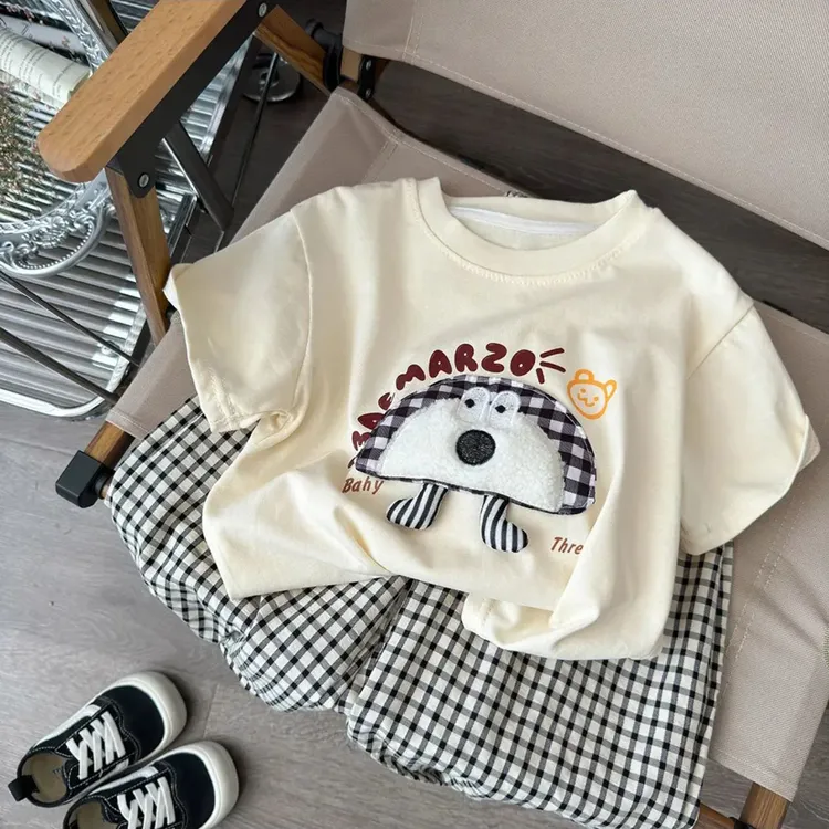 男女童短袖格子裤套装夏季新款韩系可爱卡通中小童宝宝两件套TZ