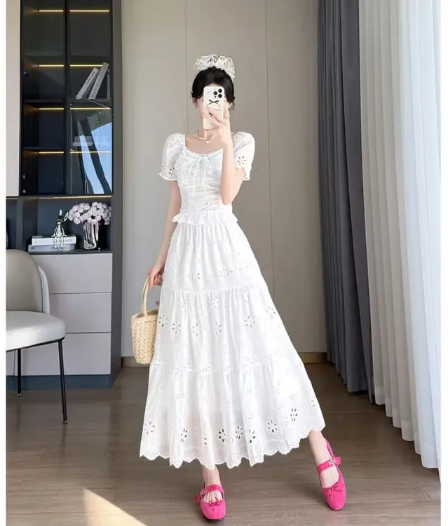 新款慵懒仙气提花刺绣上衣半裙套装气质两件套蕾丝优雅法式夏季