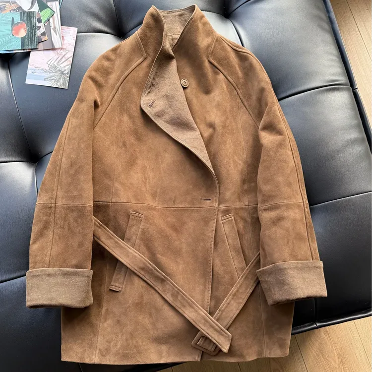 设计师款进口山羊绒面真皮腰带风衣皮衣宽松拼接极简中款大衣女秋