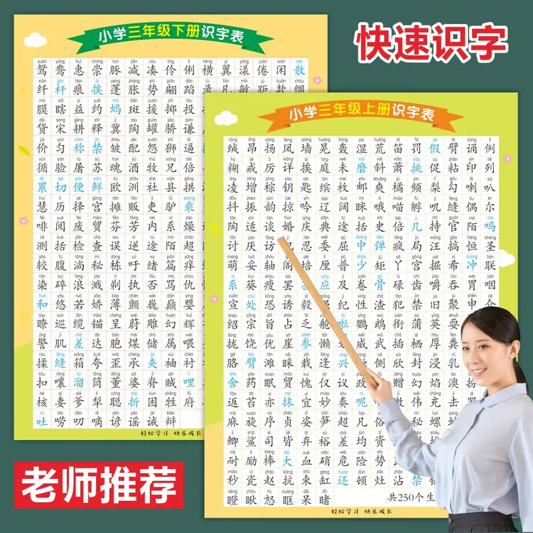 三年级语文上册下册认字生字识字表挂图人教版墙贴同步小学生课