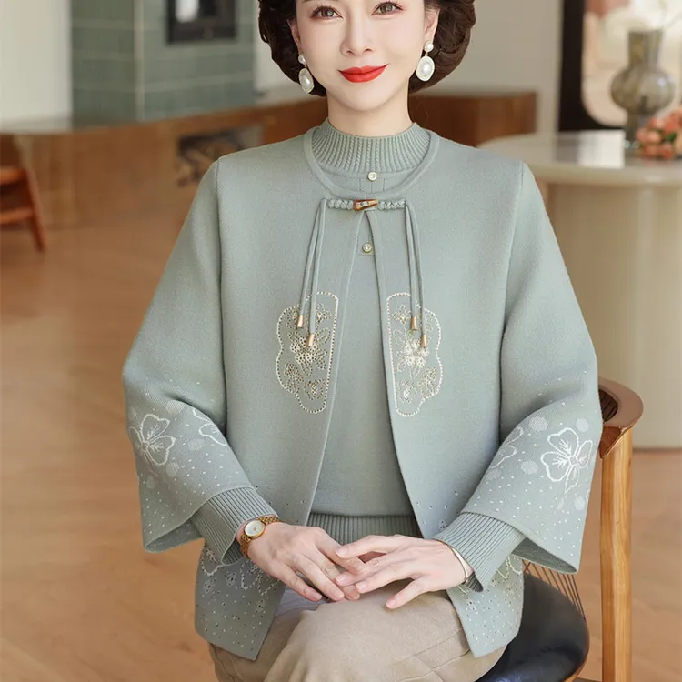 新款中老年女秋冬国风毛衣开衫外套2025中式妈妈秋装针织两件套