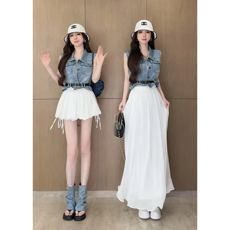 小雨姐姐夏款【牛仔周末】设计感复古无袖翻领短款牛仔马甲加腰带女