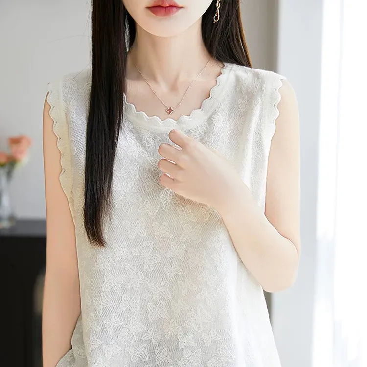 夏春秋款精纺羊毛针织背心女短袖圆领镂空钩花蕾丝打底衫T恤外穿