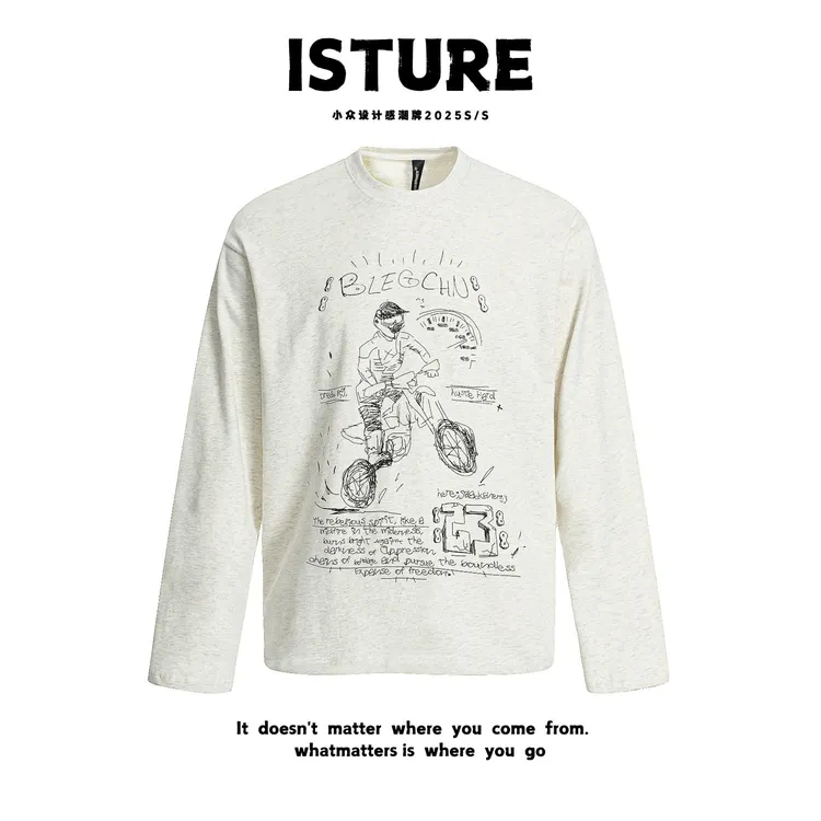 ISTURE美式复古卡通印花圆领长衣情侣简约宽松休闲长袖百搭打底衫