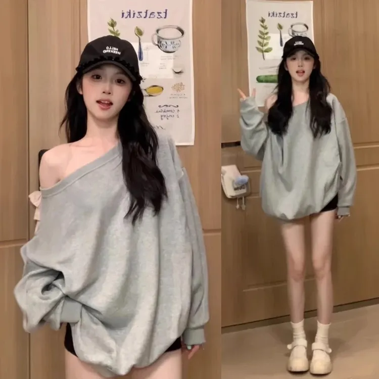 美式复古斜领露肩卫衣女春秋冬季新款慵懒风设计感一字肩长袖上衣