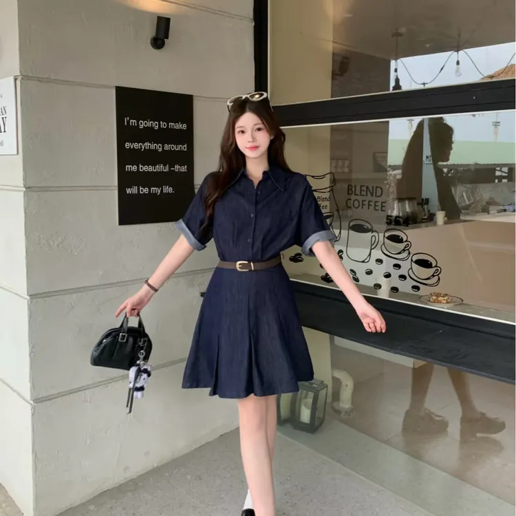 夏季新款收腰百褶时尚牛仔连衣裙不含腰带