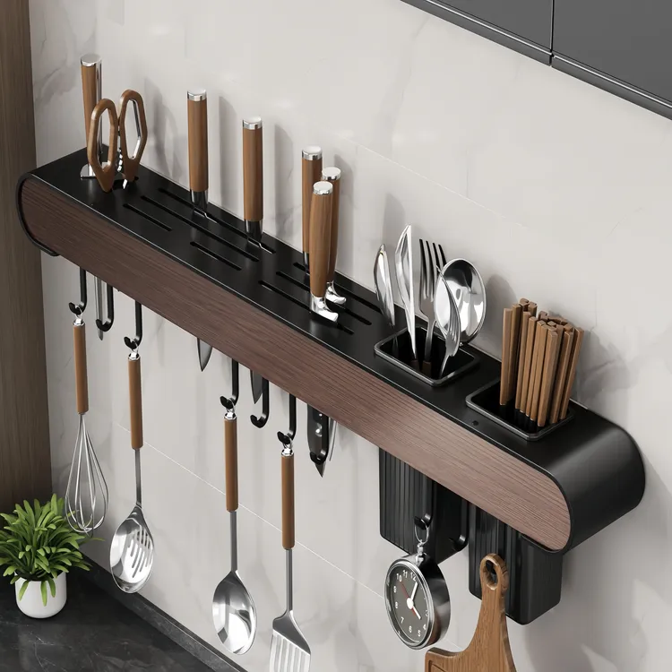 木纹厨房壁挂刀架免打孔刀具刀座置物架壁挂菜刀筷子勺子一体收纳