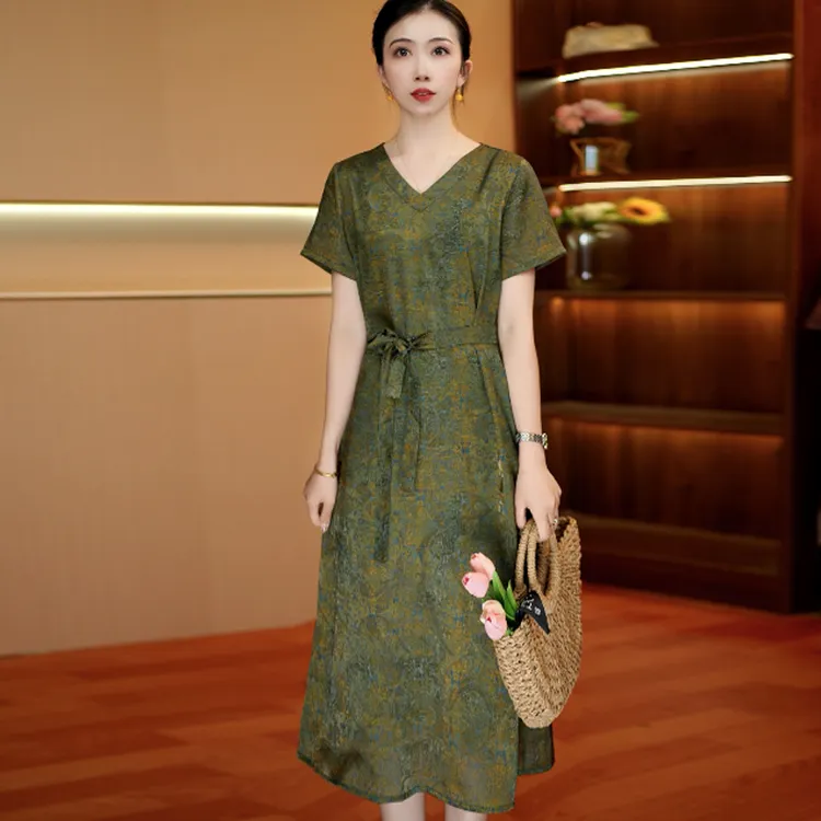苔青影花V领腰风裙 中长款夏季时连衣裙百搭遮肉裙子