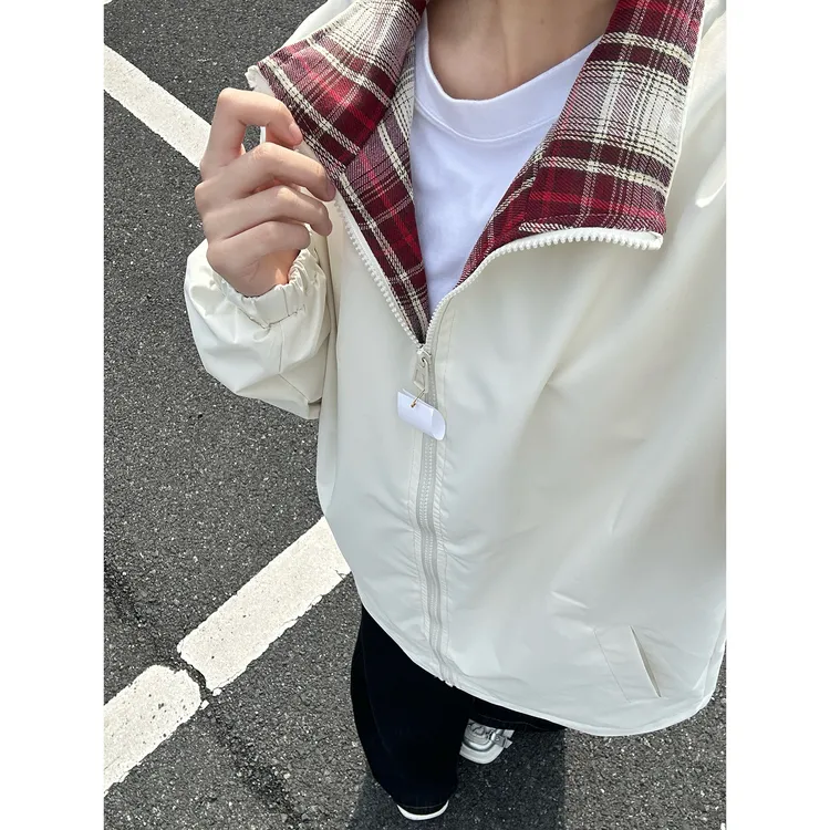 2025新款格子拼接夹克男春秋复古设计感无帽上衣美式翻领情侣外套