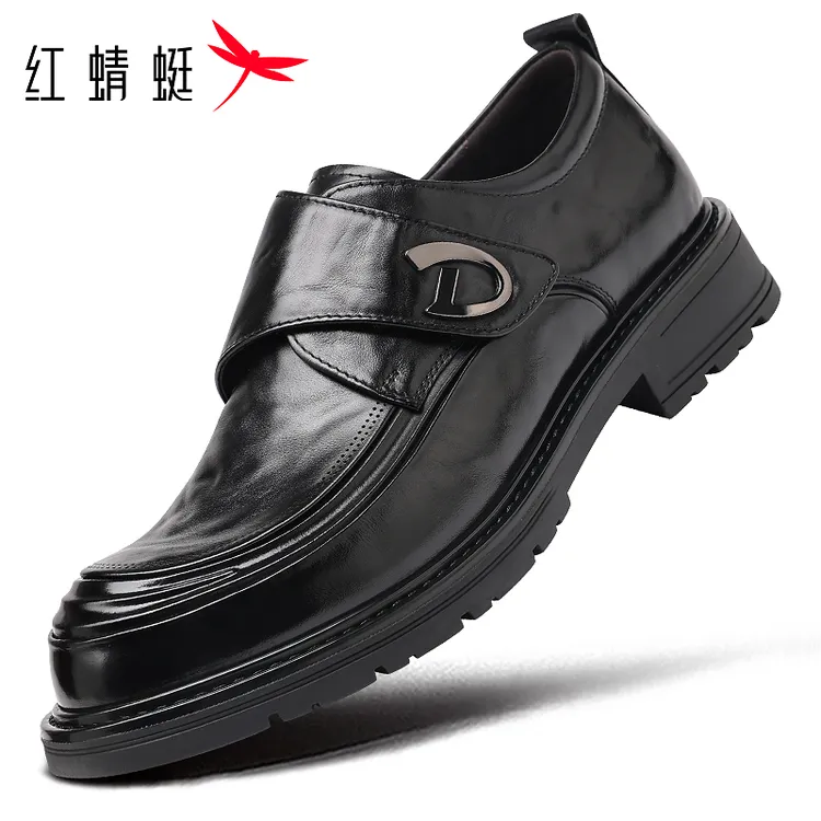 红蜻蜓冬款孟克鞋大头皮鞋真皮头层牛皮商务休闲英伦风增高厚底鞋