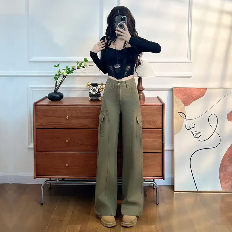 喜绚工装直筒牛仔裤女春秋季2025新款时髦设计感超火辣妹阔腿裤子