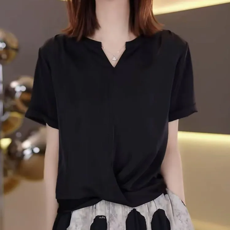 时尚v领短袖女款爆款2025夏季新款休闲洋气T恤上衣显瘦夏天衣服