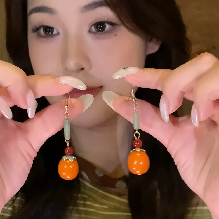 合金树脂耳饰 新中式小柿子吊坠耳钩女2025新款高级感复古耳环