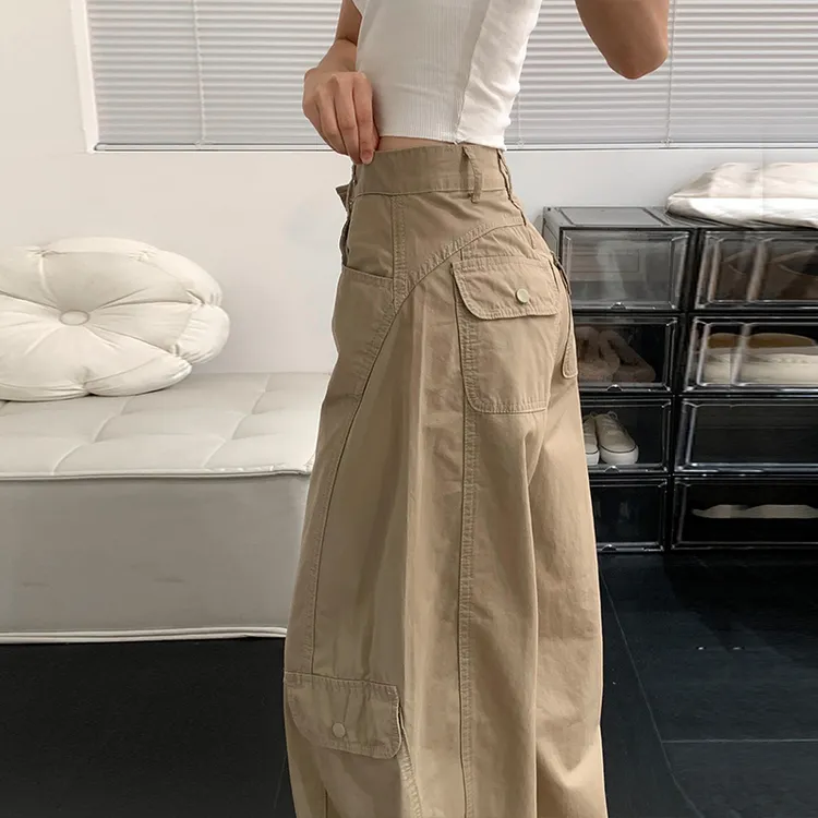 美式复古卡其色弯刀工装裤女秋季2025新款多口袋百搭显瘦阔腿长裤