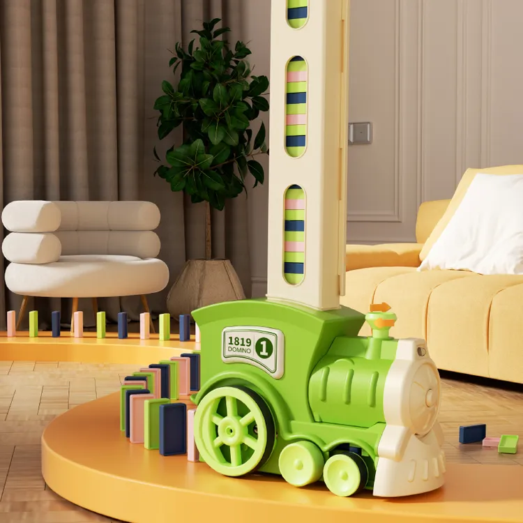 儿童玩具多米诺骨牌电动绿色小火车自动投发放车积木男孩女孩玩具