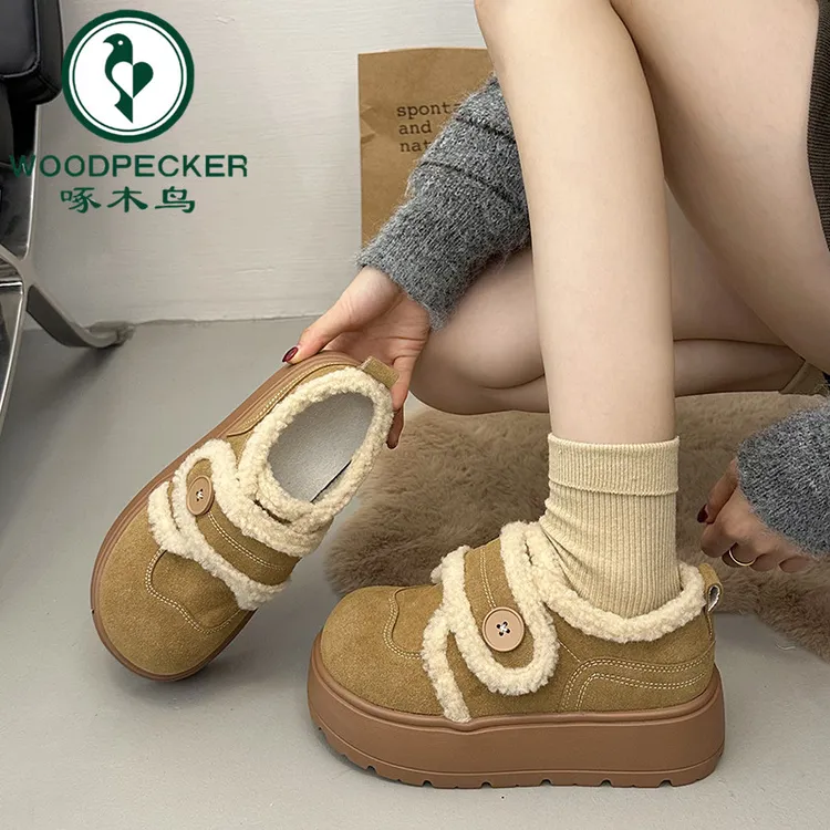 啄木鸟加绒加厚勃肯棉鞋女2025新款冬季保暖增高魔术贴厚底雪地靴