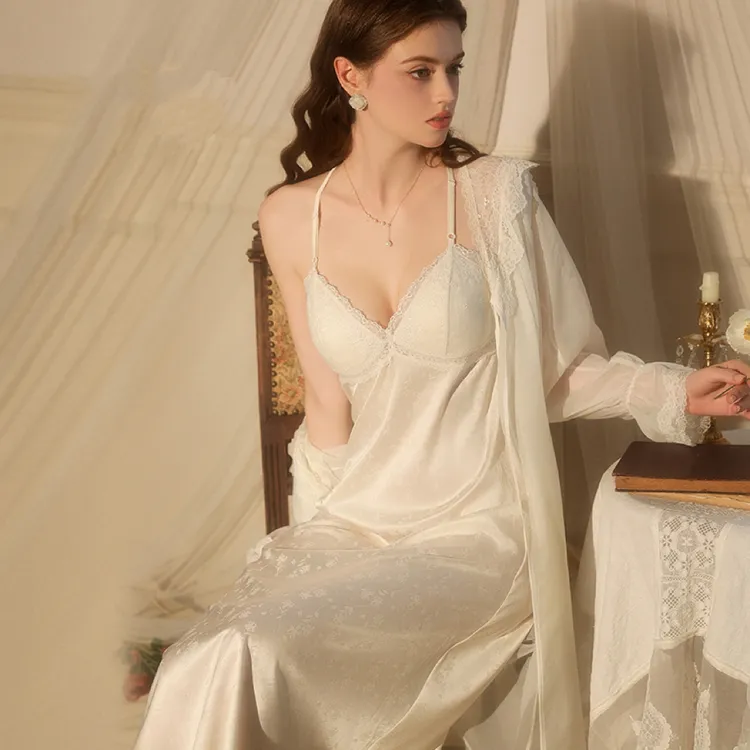 长款纯欲提花轻奢缎面蕾丝性感深V聚拢睡裙睡衣长袖外袍家居套装