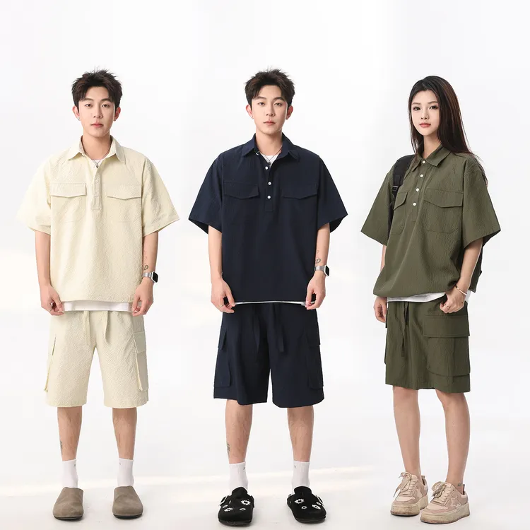 K•WEH夏季短袖短裤情侣休闲运动套装翻领百搭潮流纯色时尚ins