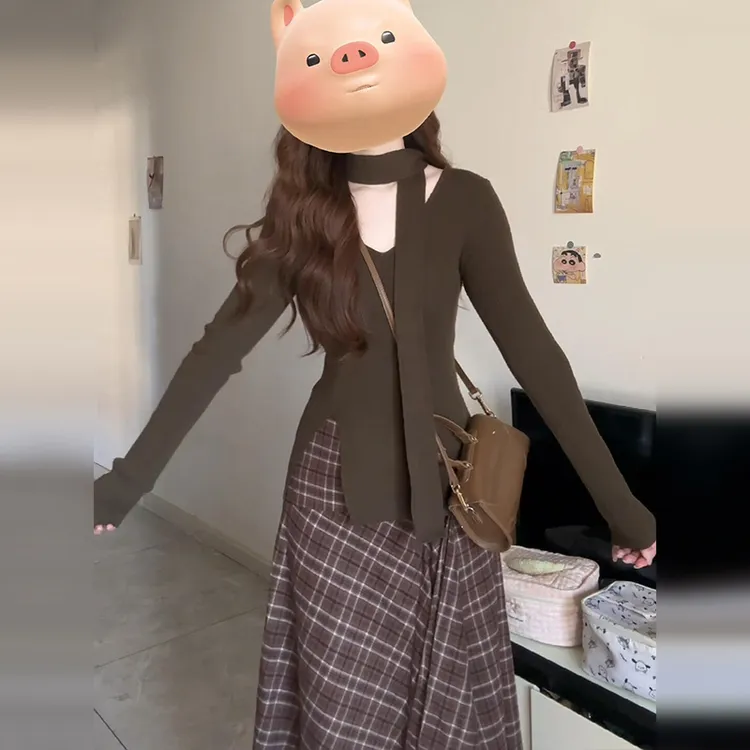 法式v领针织连衣裙子女秋冬2025气质复古格子半身长裙两件套7289