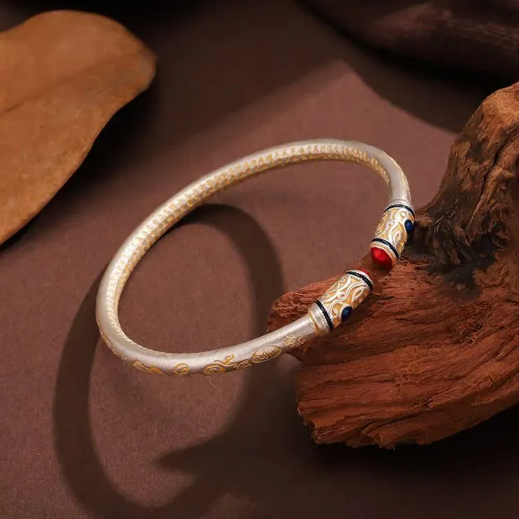 足银手镯 描金招财吉言开口手镯女新中式国风高级感礼物送女友