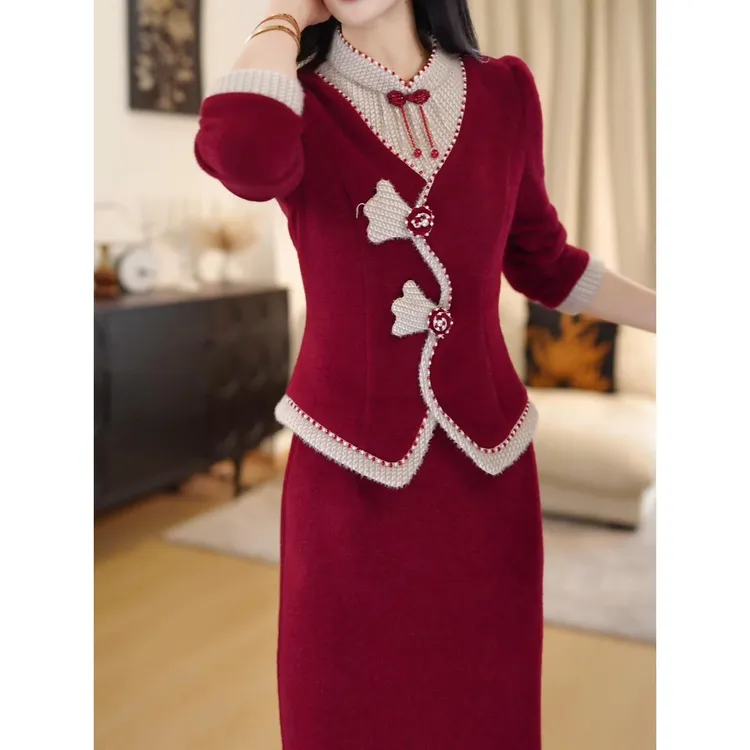 法式气质高端加厚保暖假两件连衣裙2025冬季新款显瘦遮肉中长裙子